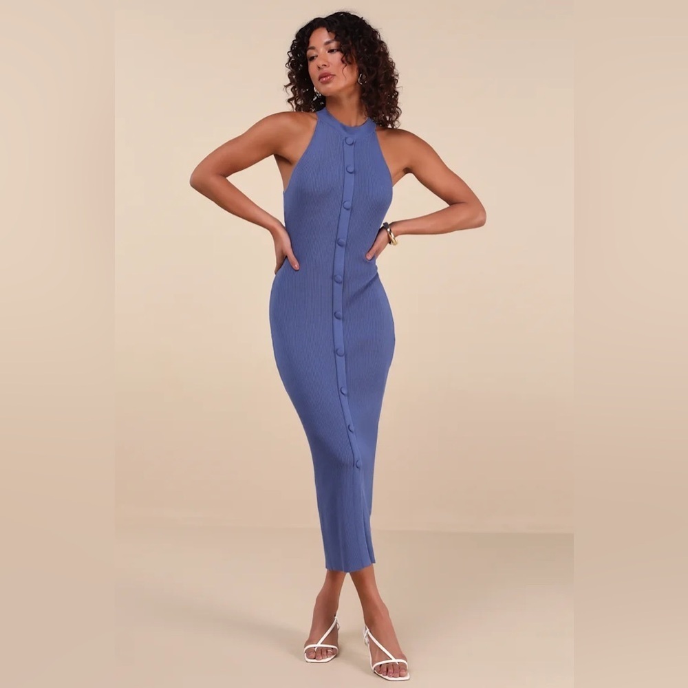 Lulus Sunia Blue Sleeveless Button-Front Midi Sweater Dress
